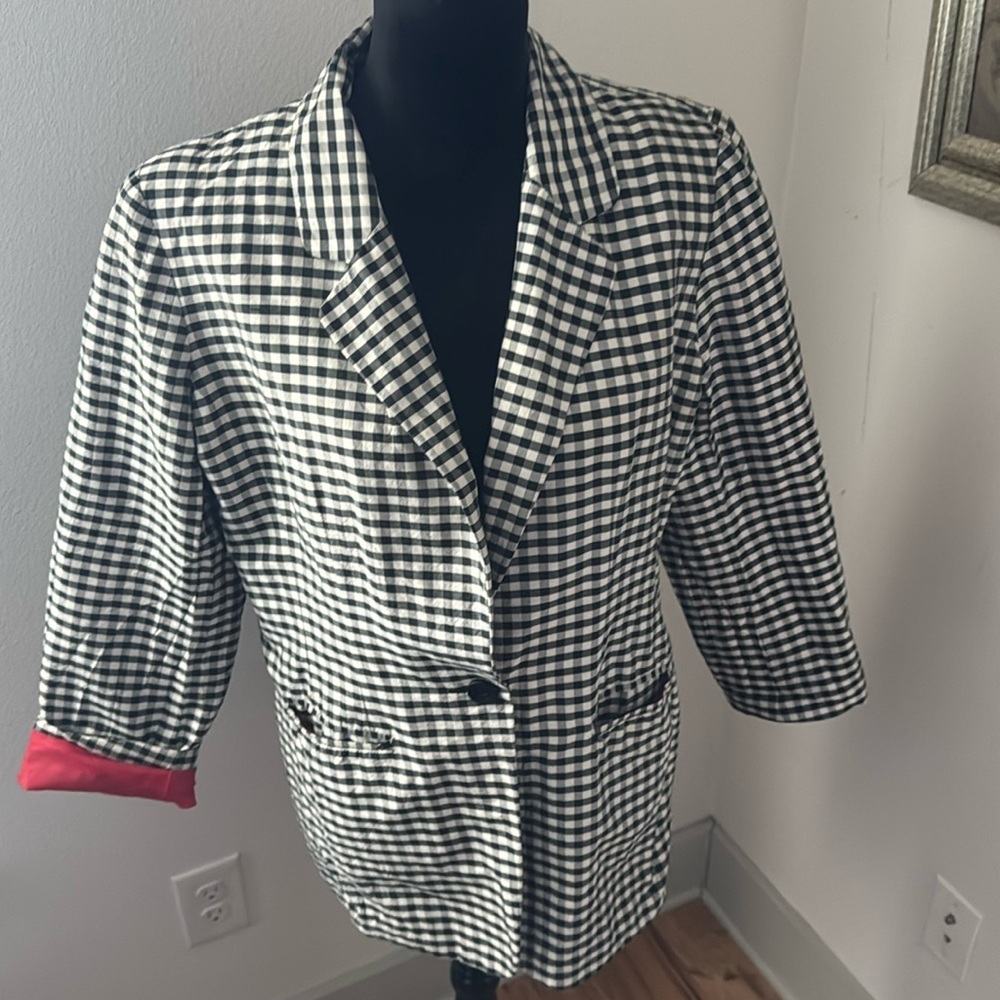 Jessica Holbrook easy are black white plaid red lining blazer vintage jacket M
